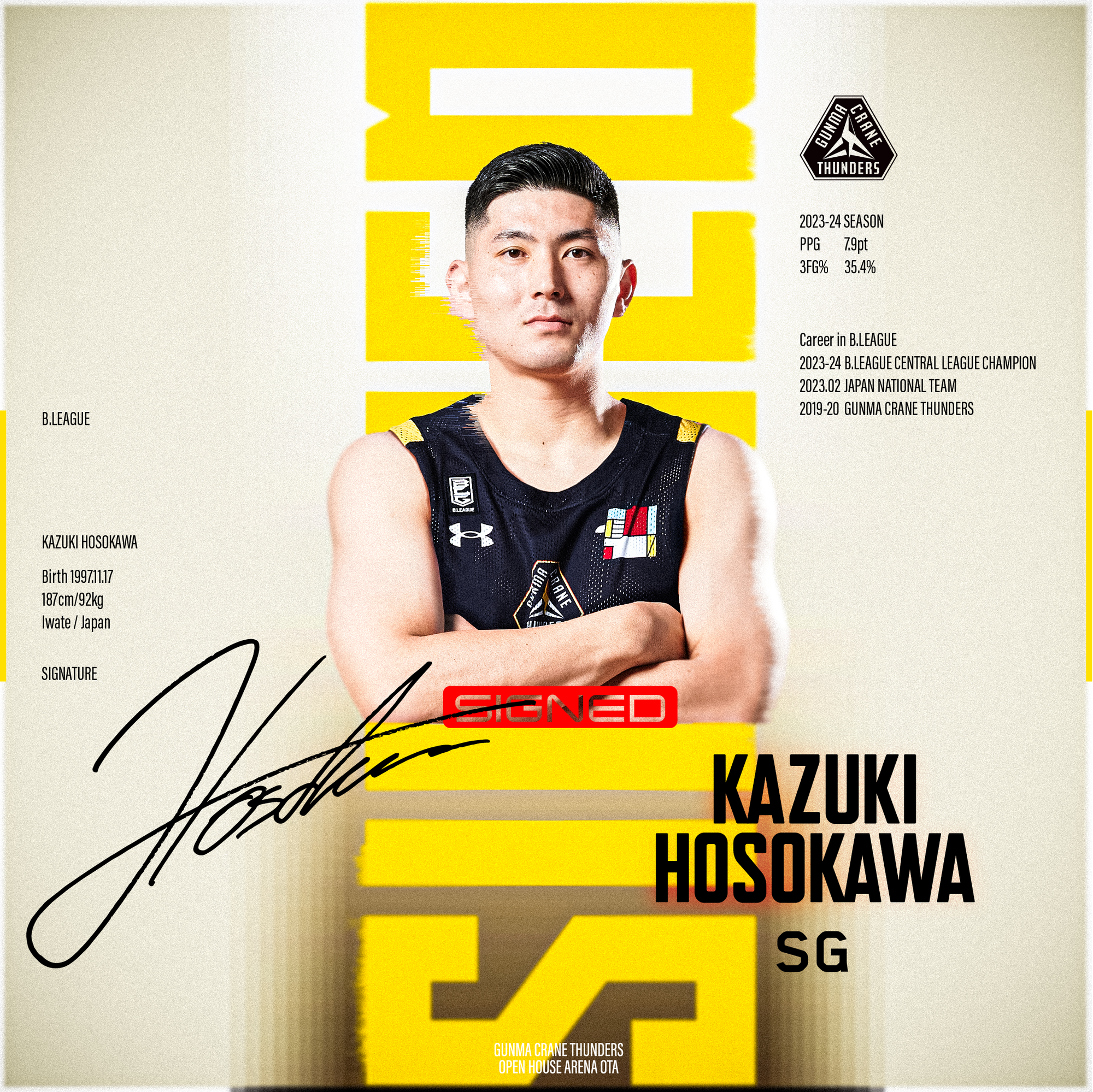 Announcement of Kazuki Hosokawa’s 2024-25 Season Participant Contract (New) | Gunma Tsuru Saunders