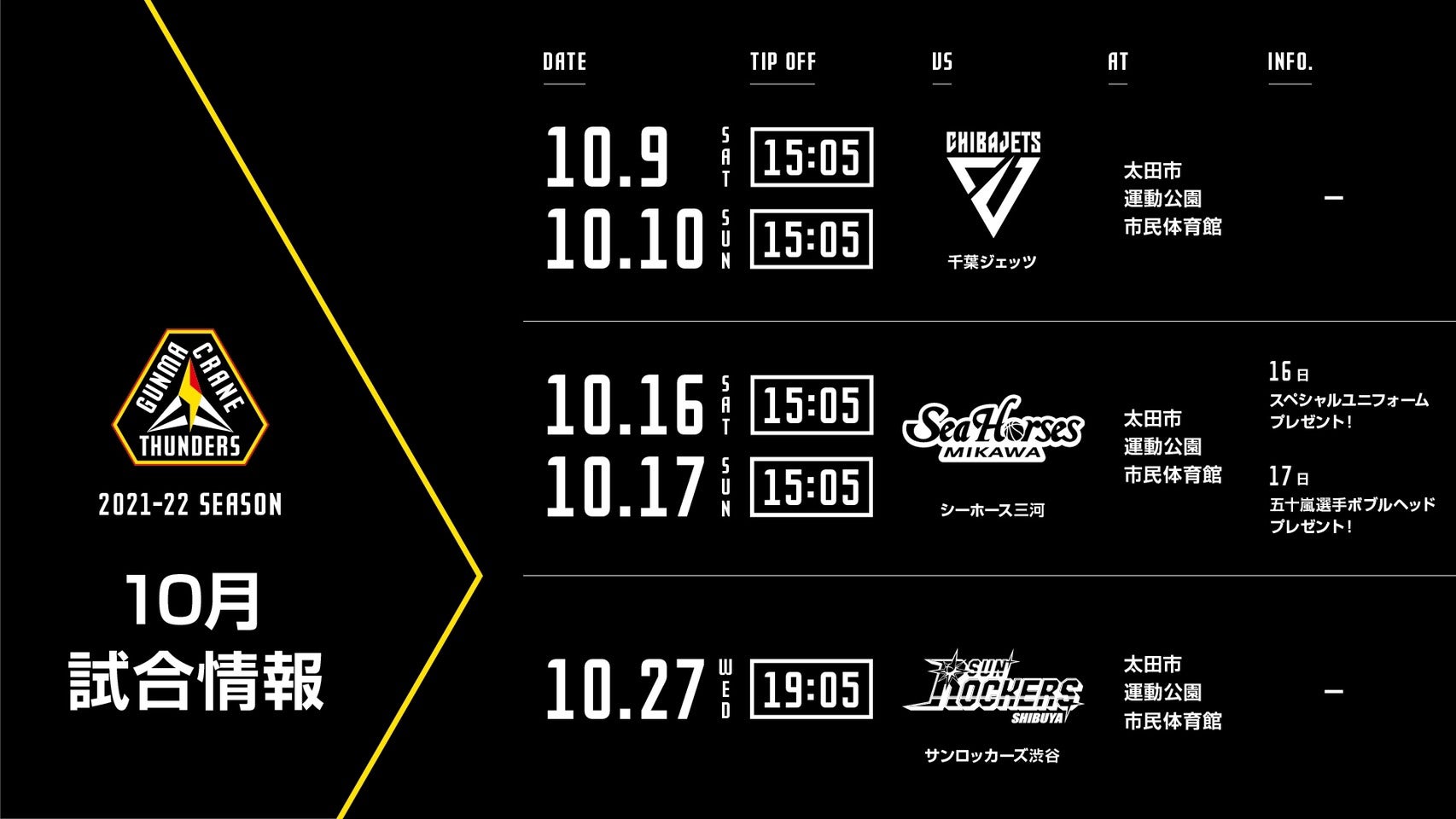 10月16日(土)・17日(日)vsシーホース三河 チケット購入者プレゼント決定！ ※8/20更新 | 群馬クレインサンダーズ